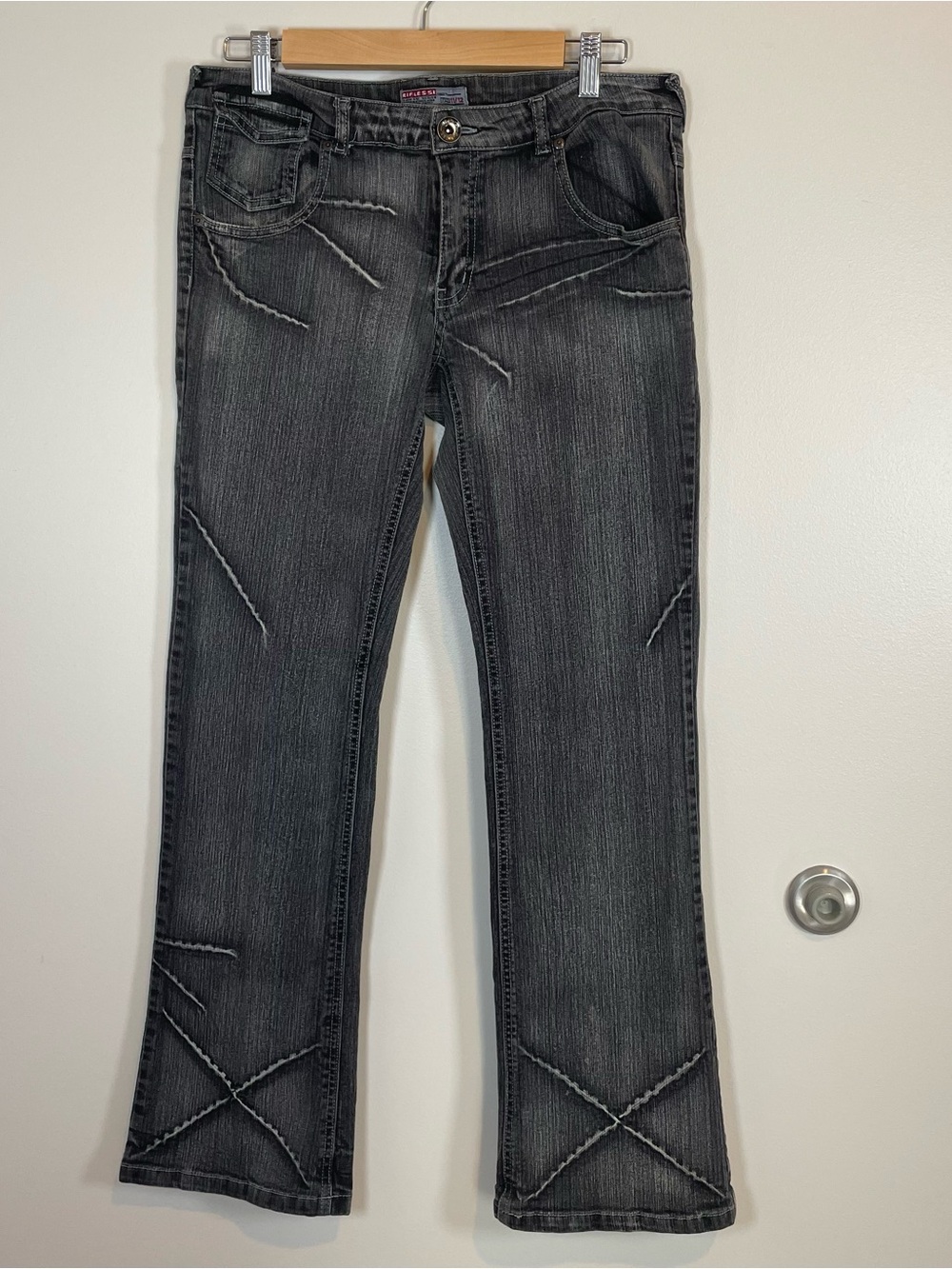 Riflessi Black Low Rise Boot Cut size 11/12 Grunge Distressed Denim Jeans